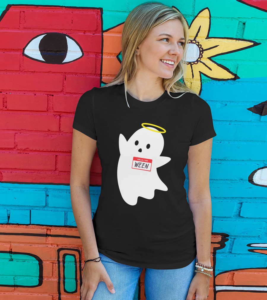 Wholesome Hallo I Am Ween Ghost With Halo And Nametag T-Shirt