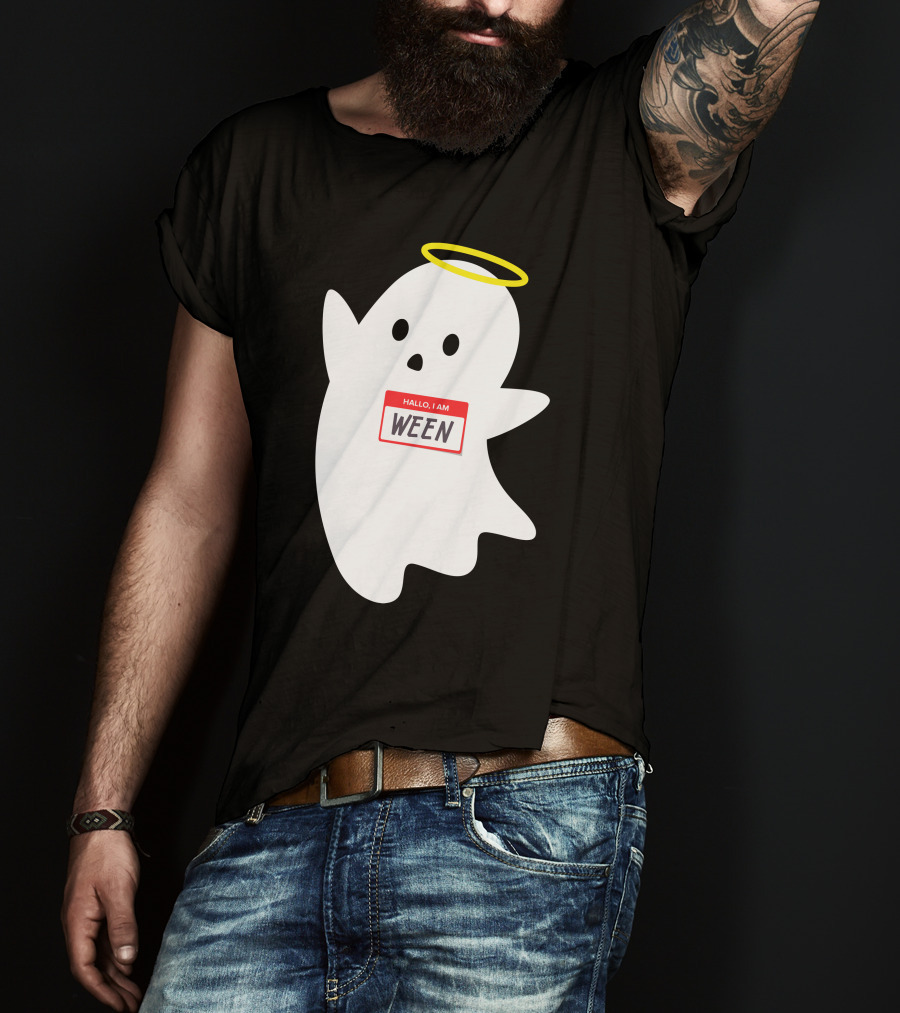 Wholesome Hallo I Am Ween Ghost With Halo And Nametag T-Shirt