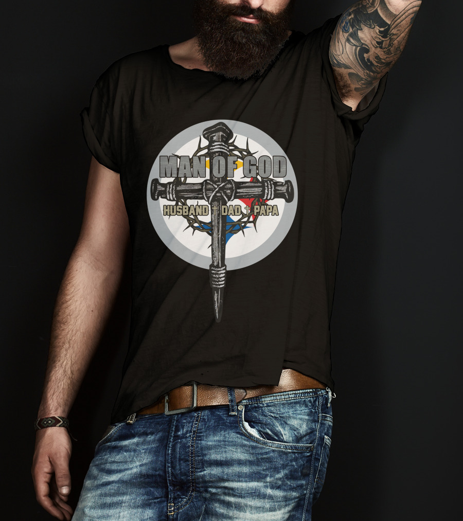 Man Of God Husband Dad Papa Steelers Nail Cross With Thorn Crown Circle T-Shirt