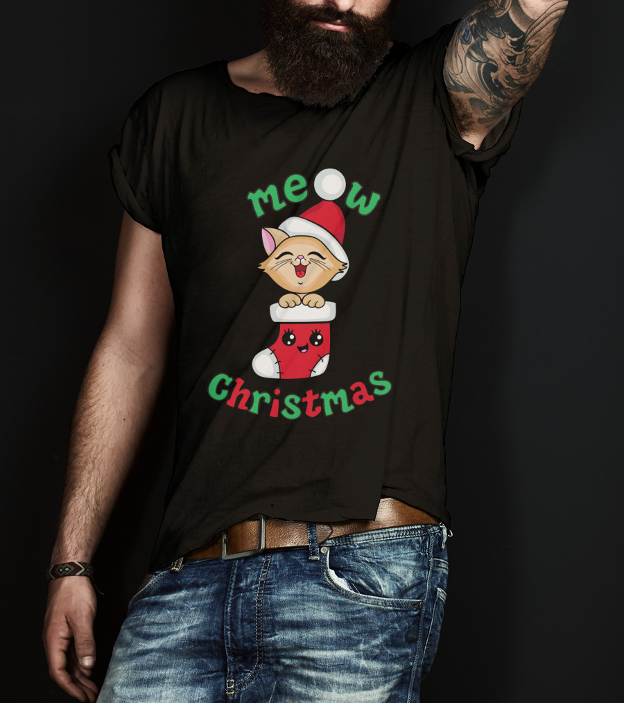 Meow Christmas Cute Kitten In Santa Hat And Stocking T-Shirt