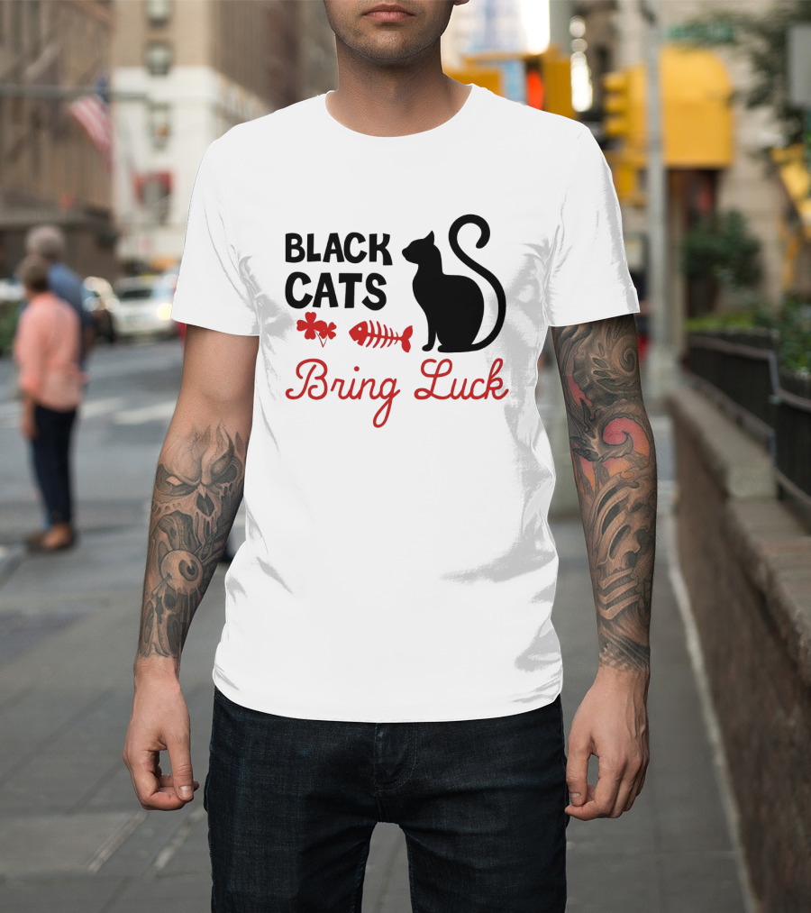 Black Cats Bring Luck Shamrock And Fishbone Icon Holiday Present T-Shirt
