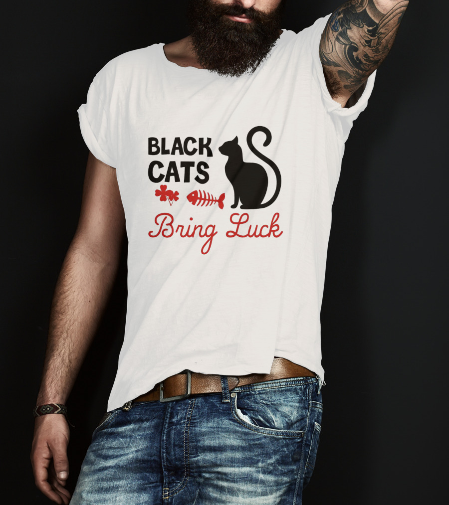 Black Cats Bring Luck Shamrock And Fishbone Icon Holiday Present T-Shirt
