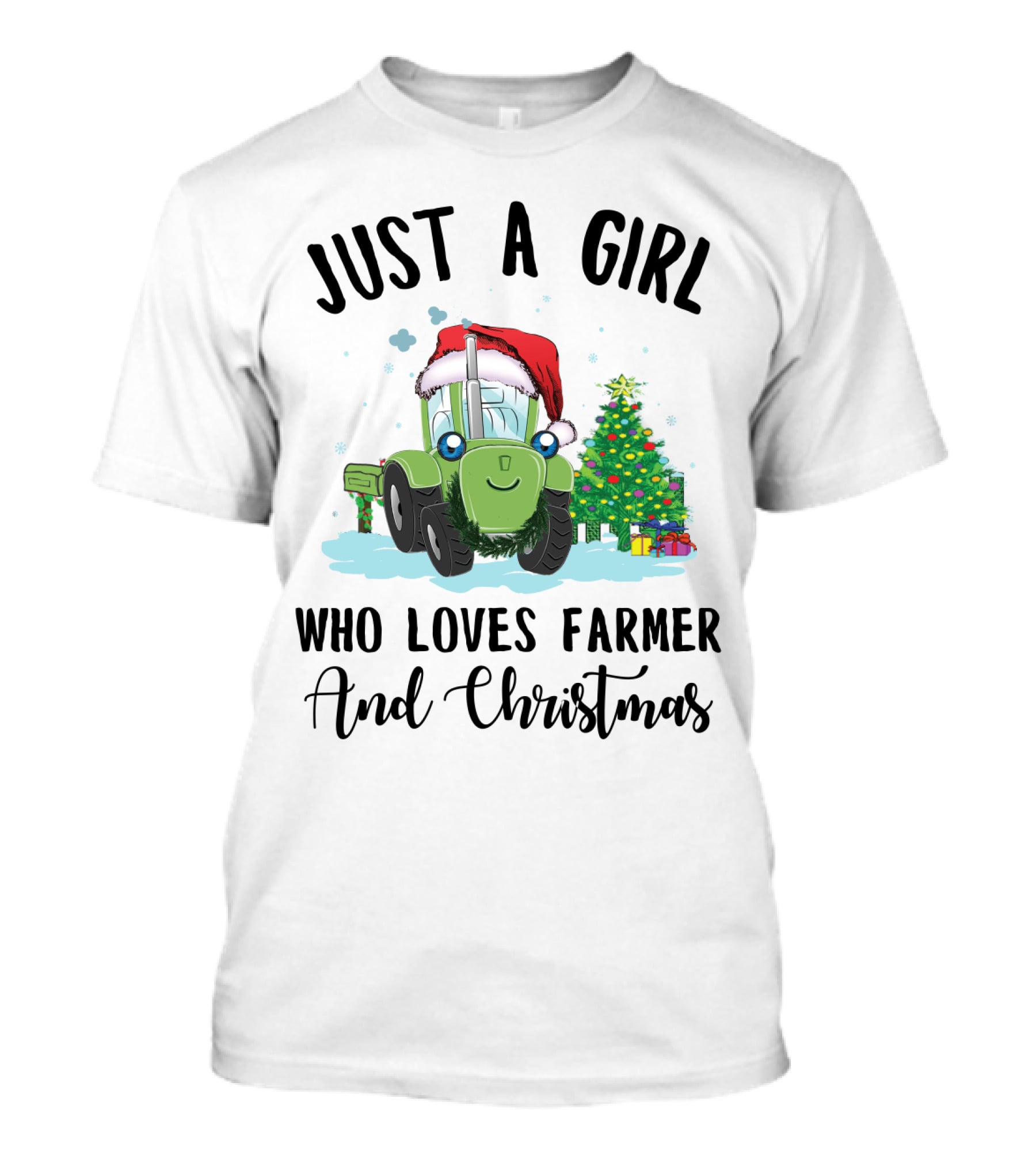 Just A Girl Who Loves Farmer And Christmas With Santa Hat Tractor And Christmas Tree T-Shirt
