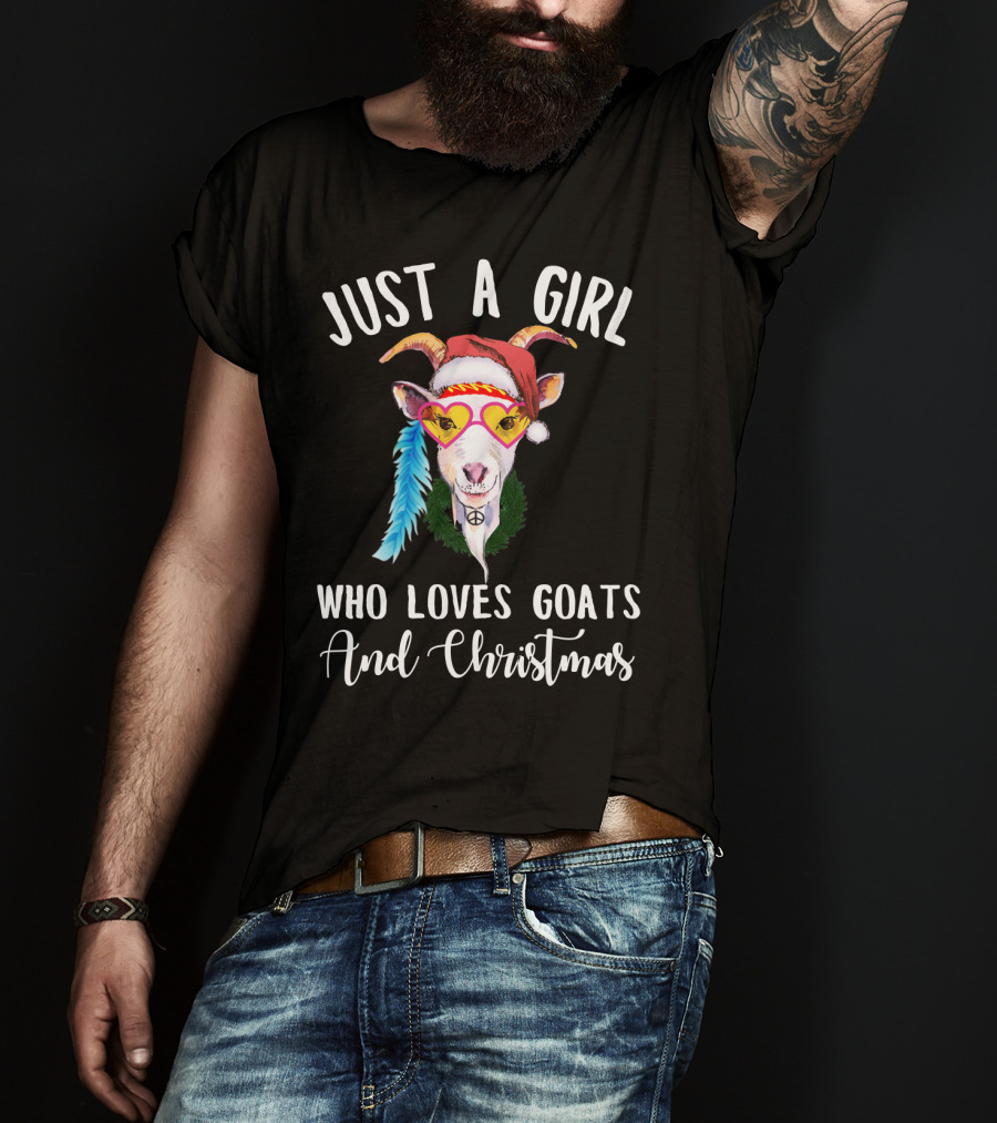 Just A Girl Who Loves Goats And Christmas With Santa Hat Peace Sign Glasses T-Shirt