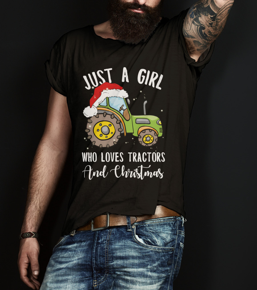Just A Girl Who Loves Tractors And Christmas With Santa Hat T-Shirt
