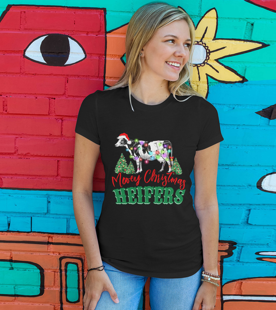 Mooey Christmas Heifers Festive Holiday Cow With Santa Hat And Christmas Trees T-Shirt