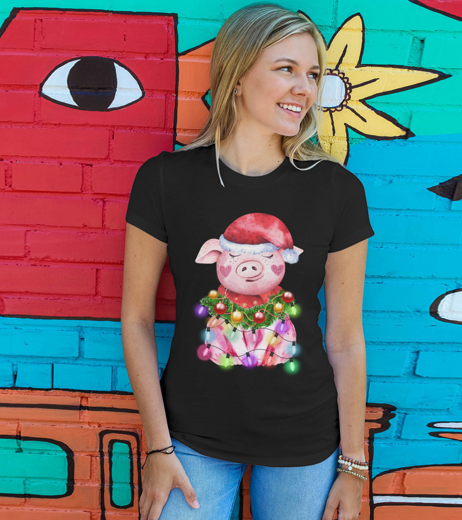 Santa Hat Heart Cheek Pink Pig Wrapped In Christmas Lights T-Shirt