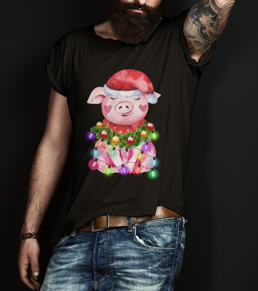Santa Hat Heart Cheek Pink Pig Wrapped In Christmas Lights T-Shirt