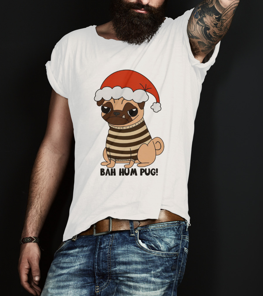 Bah Hum Pug Christmas Santa Hat Grumpy Holiday Pug Stripe T-Shirt
