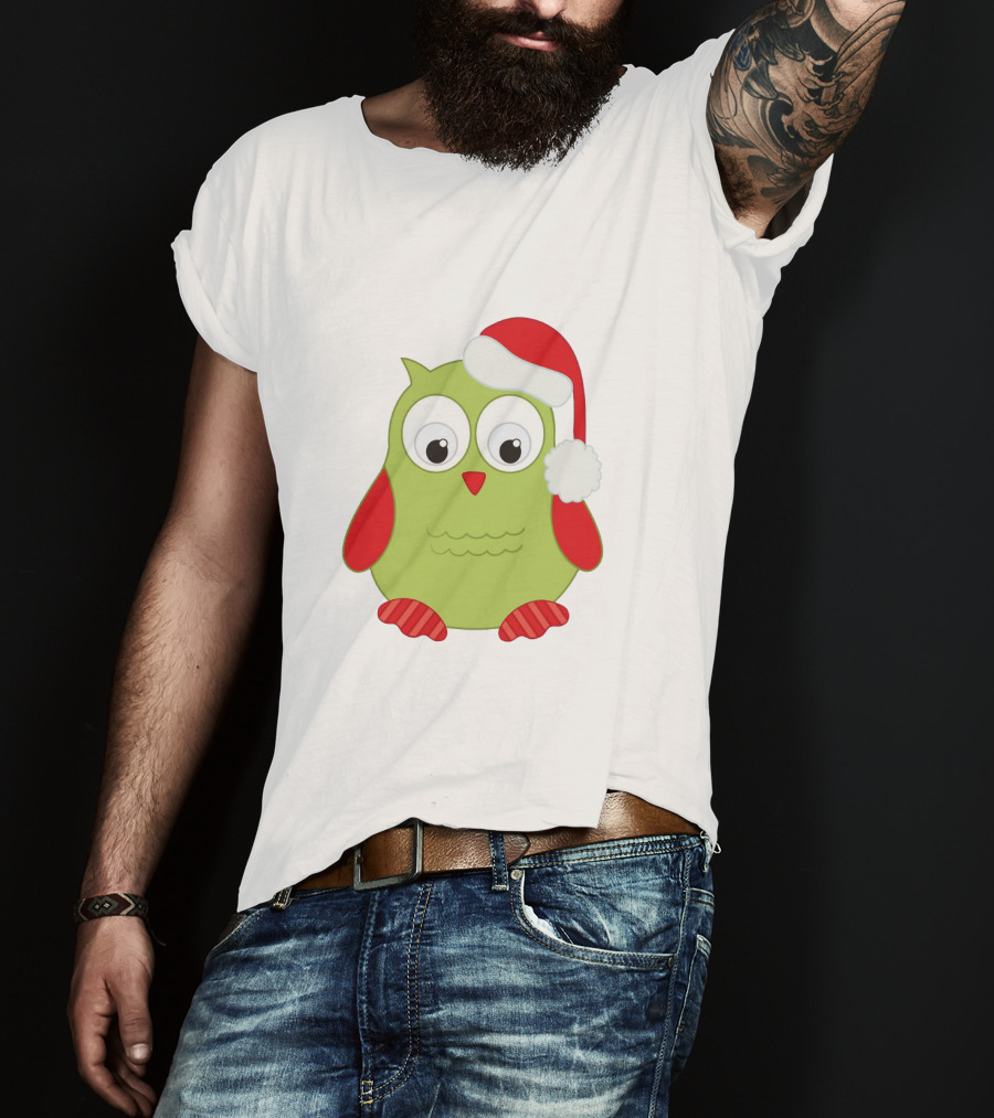 Cute Santa Owl Christmas Green And Red Cartoon Owl Santa Hat T-Shirt