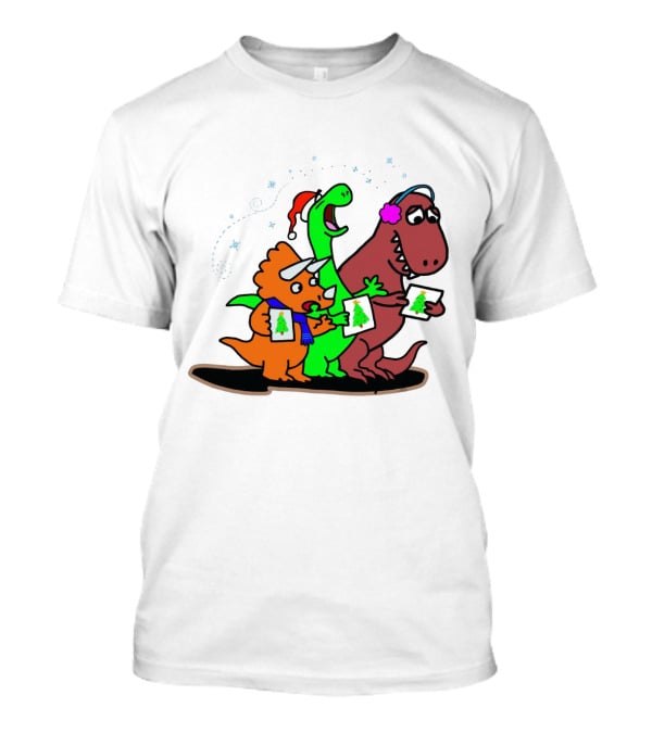 Dinosaur Trio Singing Christmas Carols With Festive Hats And Tree Cards T-Shirt