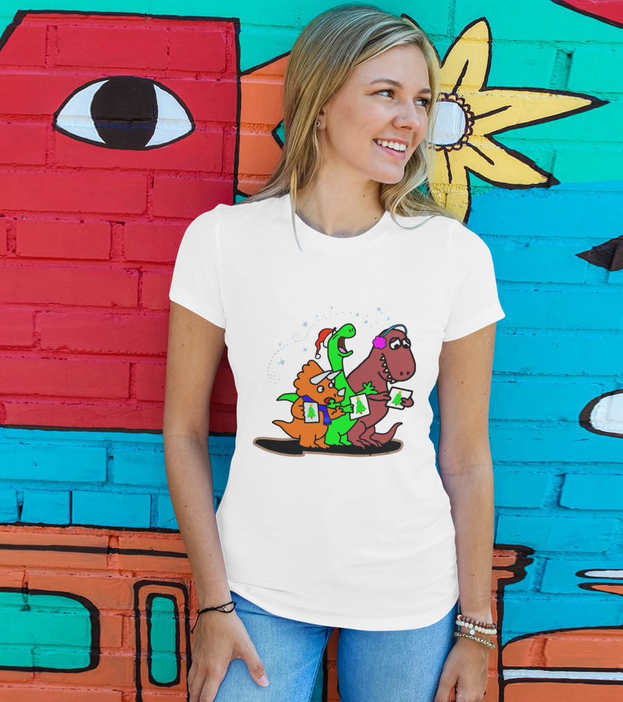 Dinosaur Trio Singing Christmas Carols With Festive Hats And Tree Cards T-Shirt
