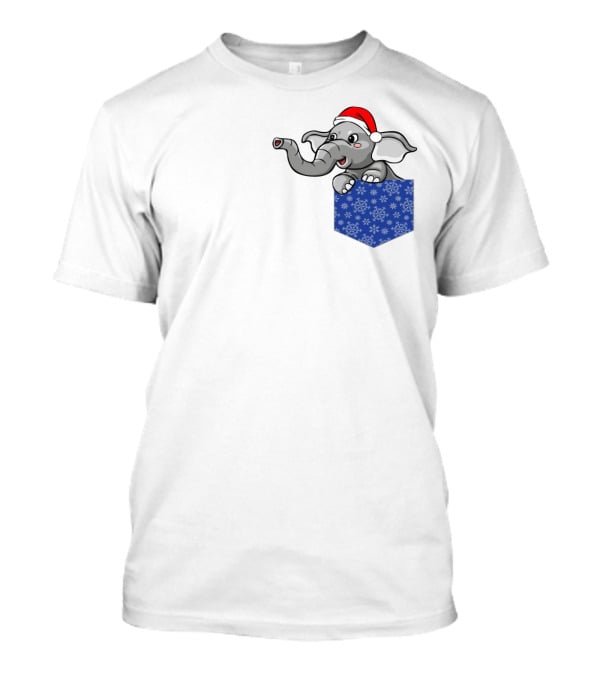 Christmas Holiday Pocket Elephant With Santa Hat And Blue Snowflake Pattern Pocket T-Shirt