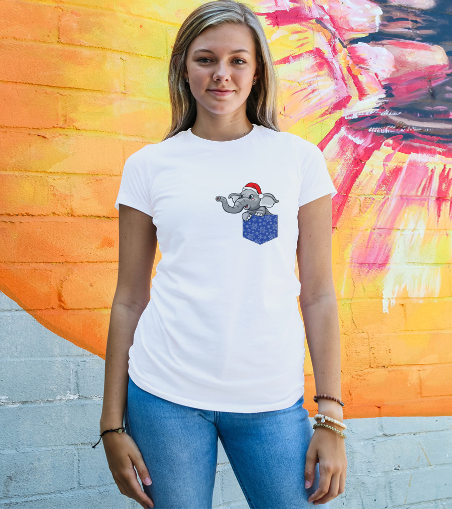Christmas Holiday Pocket Elephant With Santa Hat And Blue Snowflake Pattern Pocket T-Shirt