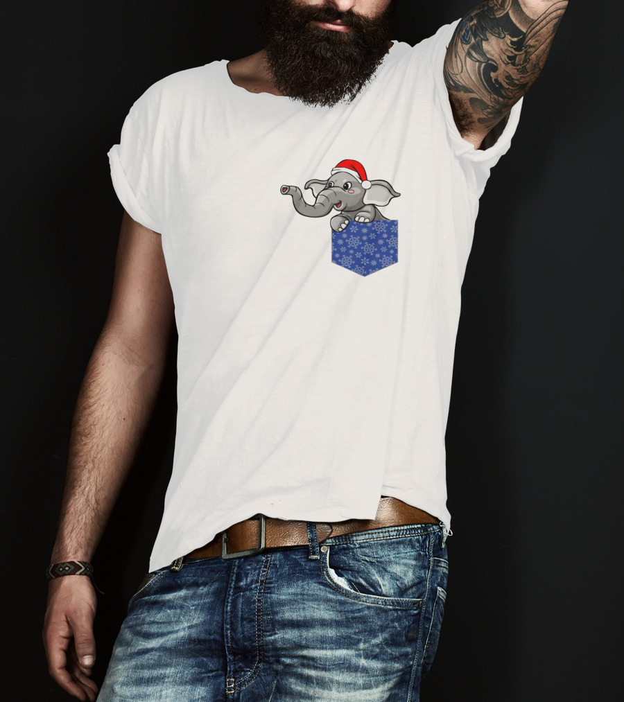 Christmas Holiday Pocket Elephant With Santa Hat And Blue Snowflake Pattern Pocket T-Shirt