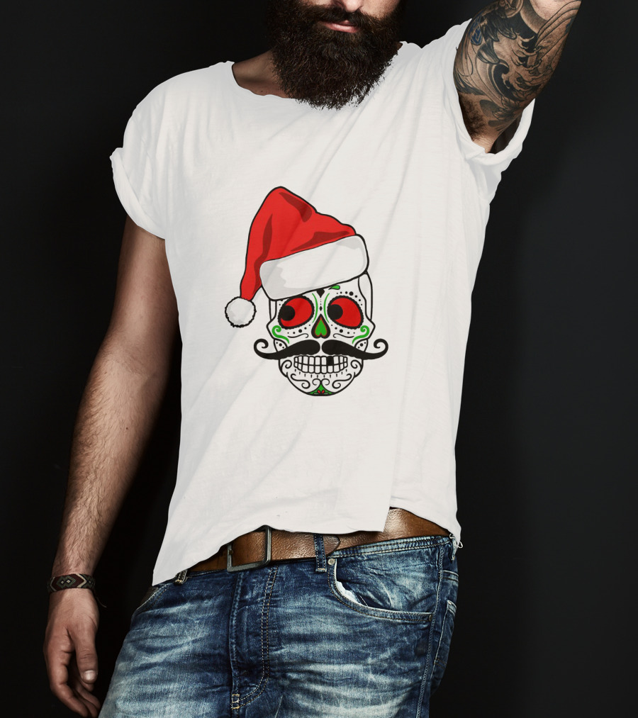 Santa Hat Festive Sugar Skull Christmas T-Shirt