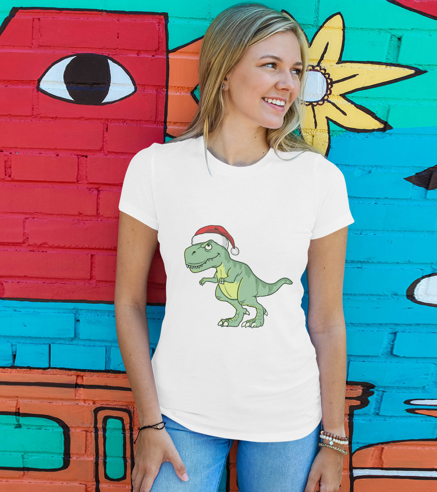 Christmas Dinosaur Wearing Santa Hat T-Shirt