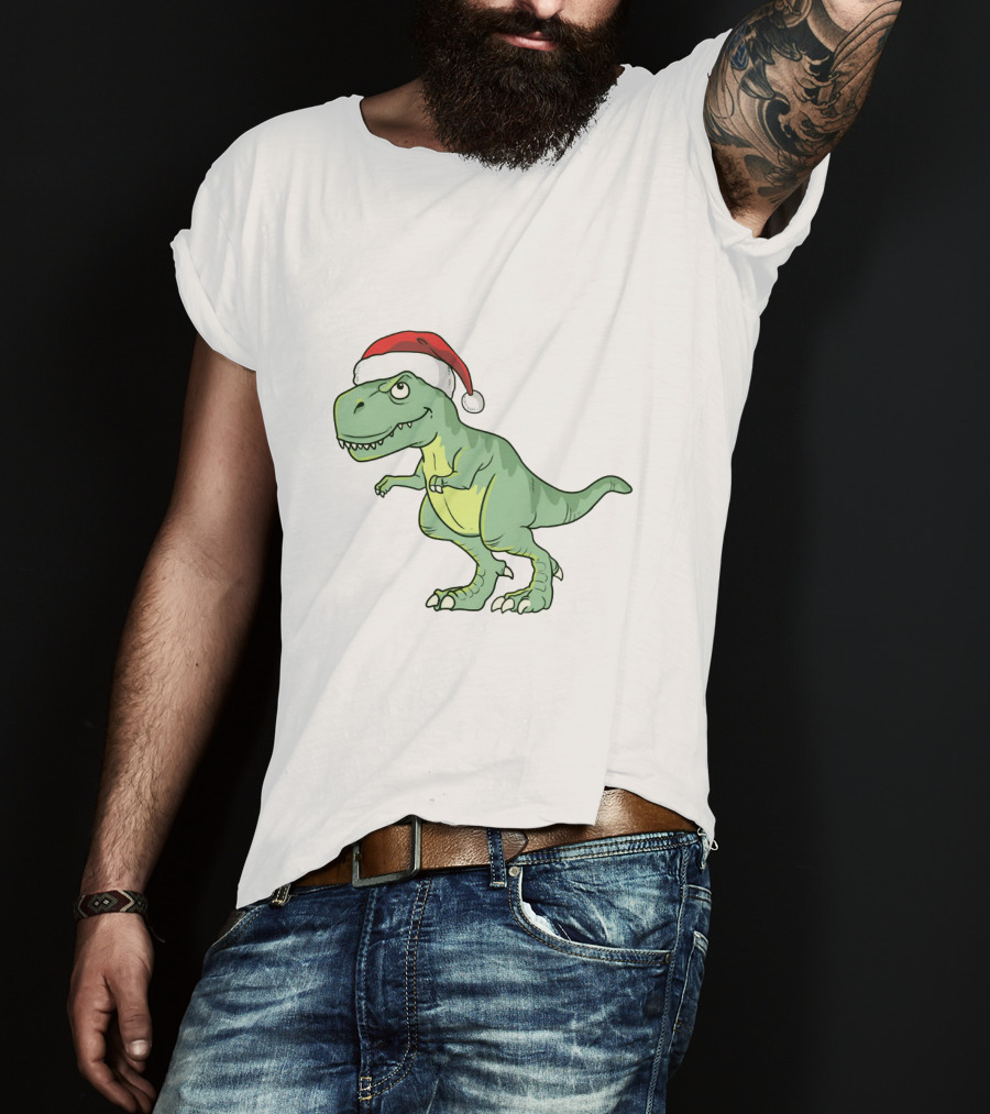 Christmas Dinosaur Wearing Santa Hat T-Shirt