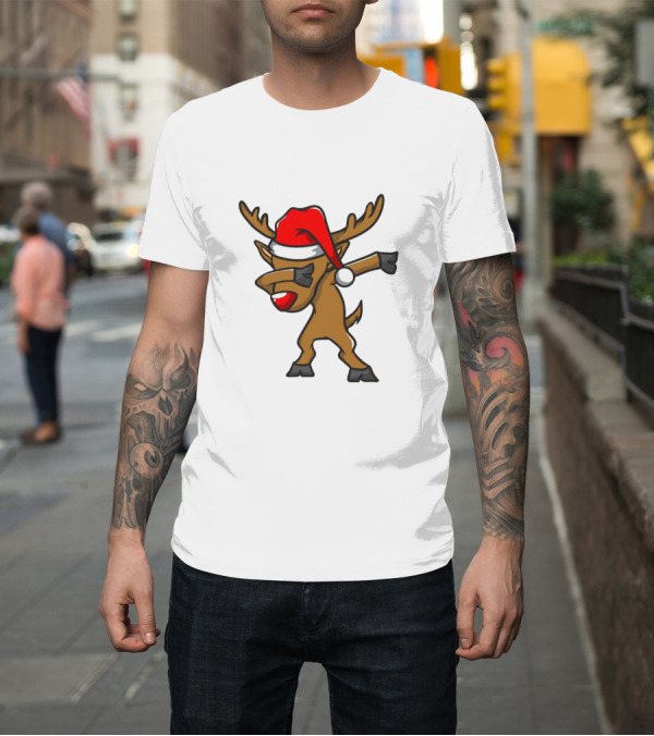 Shirt: Funny Dabbing Reindeer with Santa Hat Christmas Costume T-Shirt Funny Dabbing Reindeer with Santa Hat Christmas Costume T-Shirt