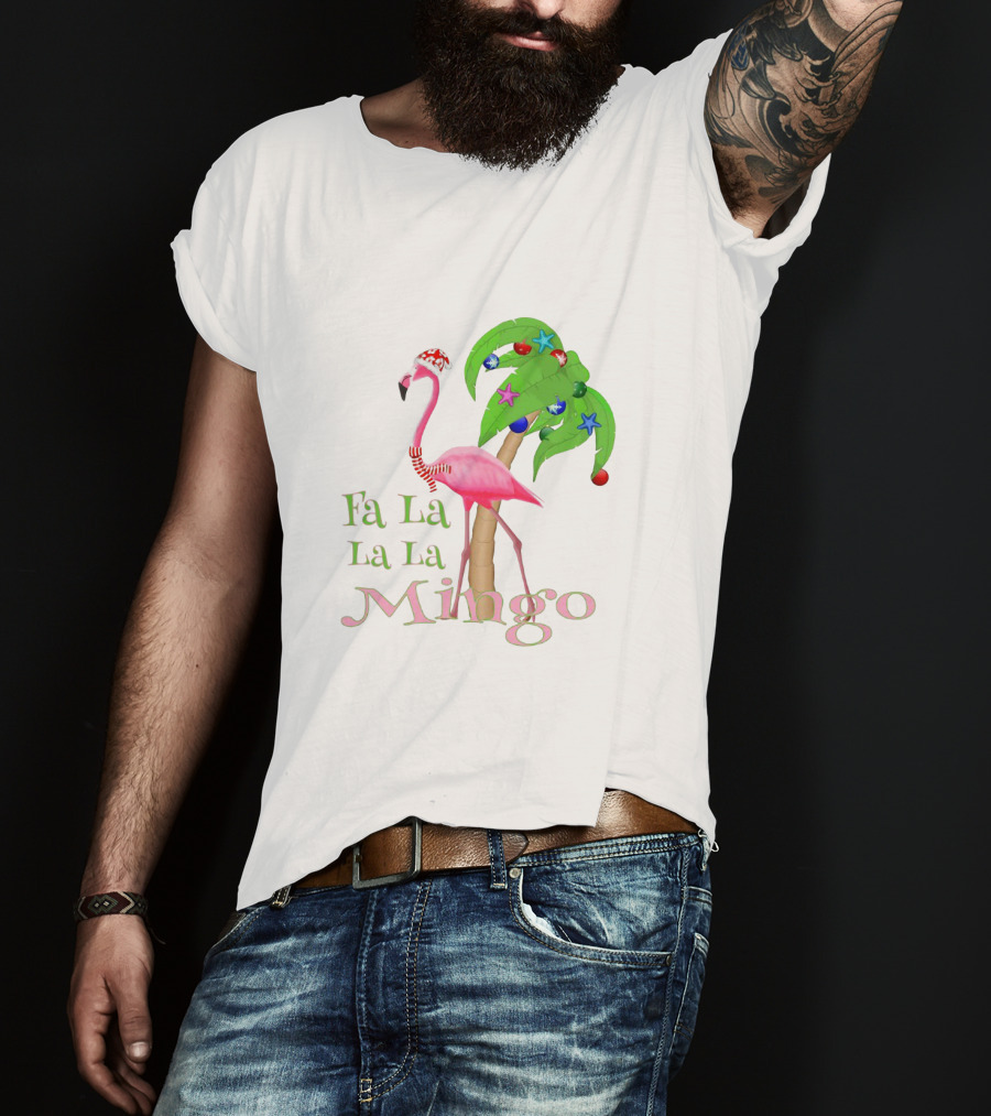 Festive Fa La La La Mingo Pink Flamingo Holiday Tropical Palm Tree T-Shirt
