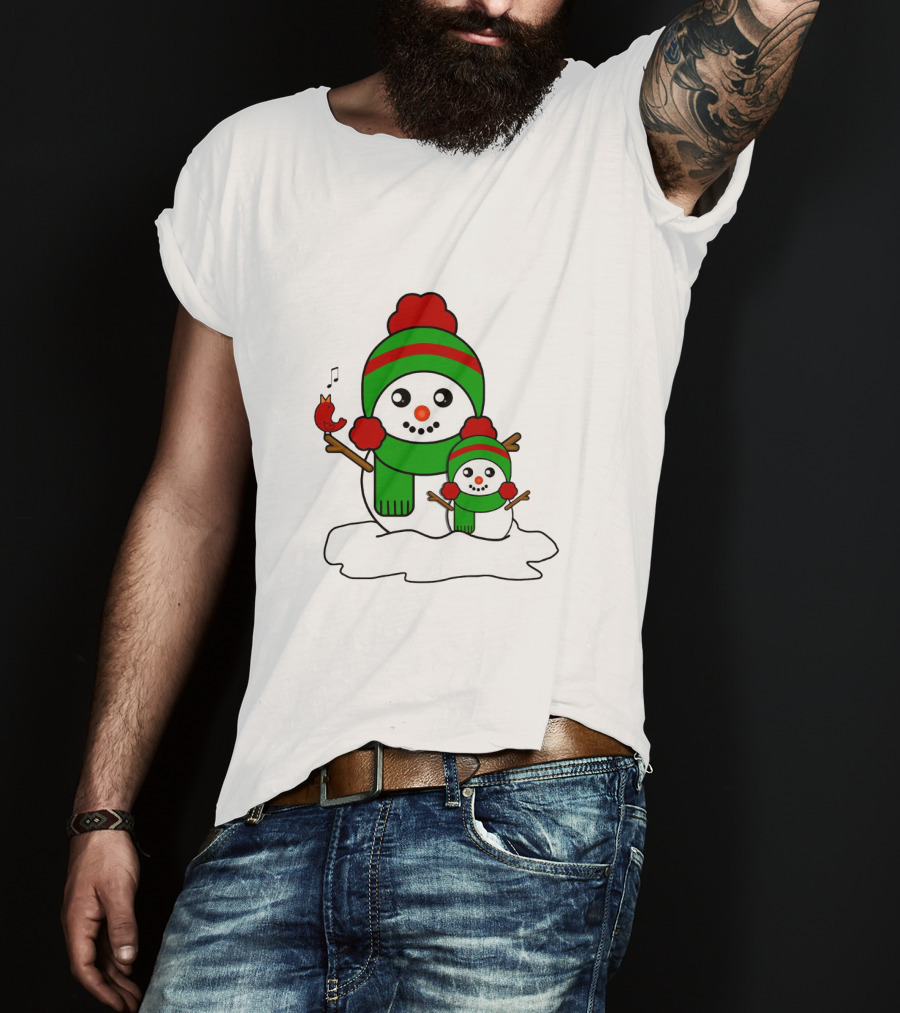 Happy Together Snowman And Singing Cardinal With Red And Green Winter Hats And Scarves T-Shirt