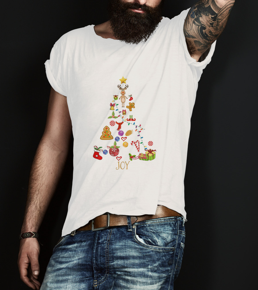 Joyful Merry Xmas Tree With Festive Ornaments And Reindeer Star Topper T-Shirt