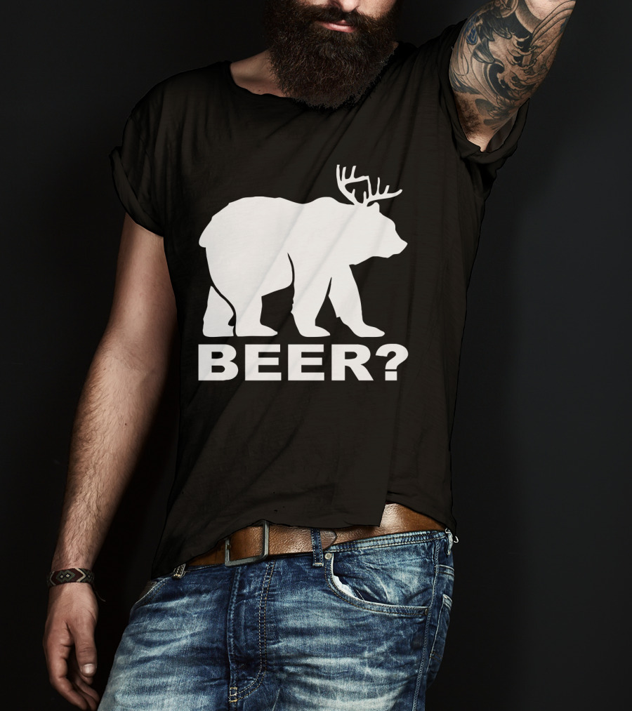 BEER Funny Drinking Party Bear With Antlers Optical Illusion T-Shirt