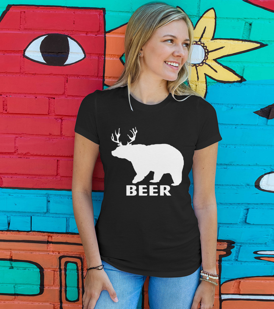 Beer Funny Drinking Bear With Antlers T-Shirt