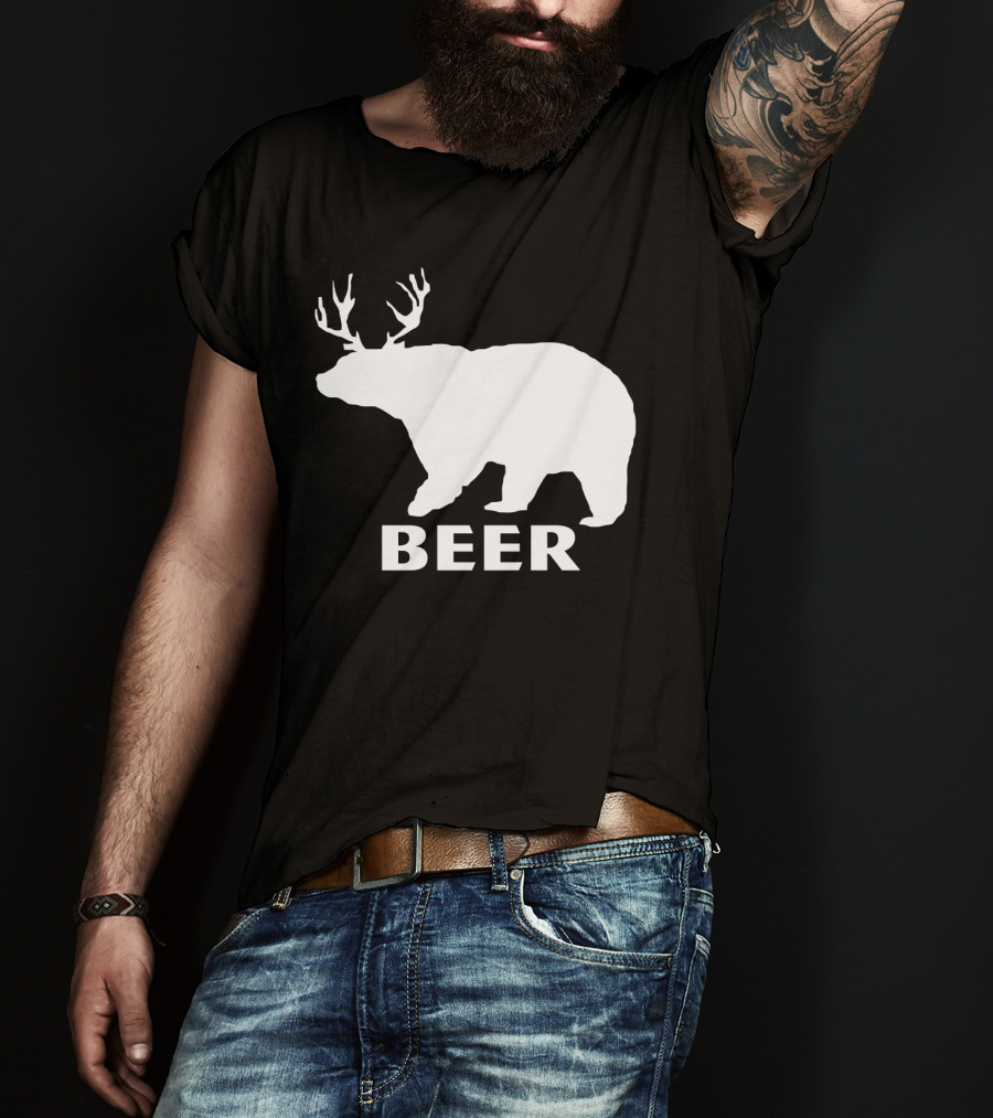 Beer Funny Drinking Bear With Antlers T-Shirt