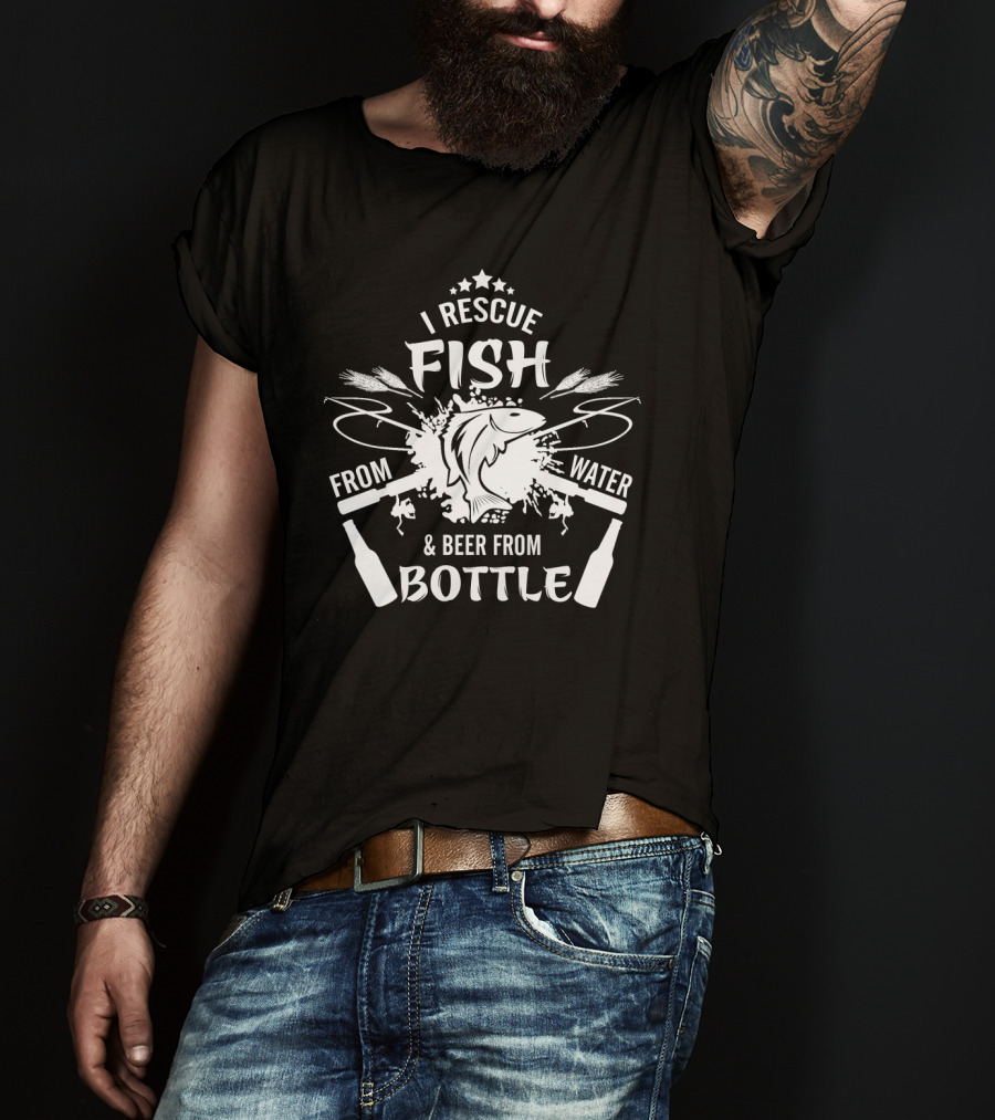 I Rescue Fish From Water And Beer From Bottle With Fishing Poles And Stars T-Shirt