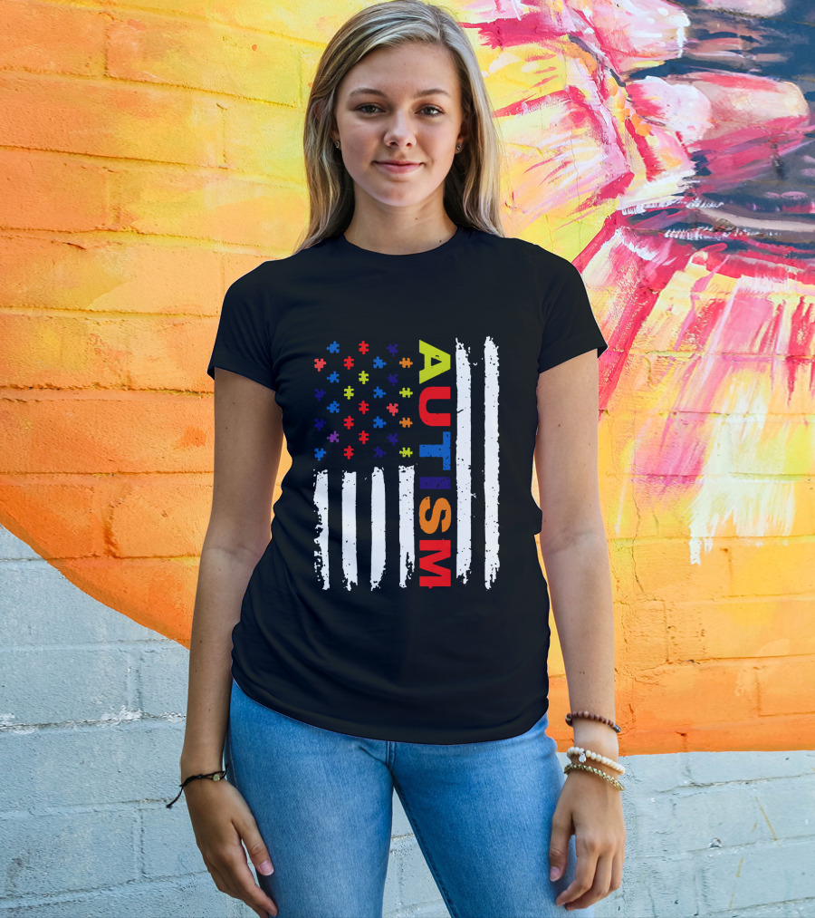 Autism Awareness Flag Design With Colorful Puzzle Pieces And Vertical Stripes T-Shirt