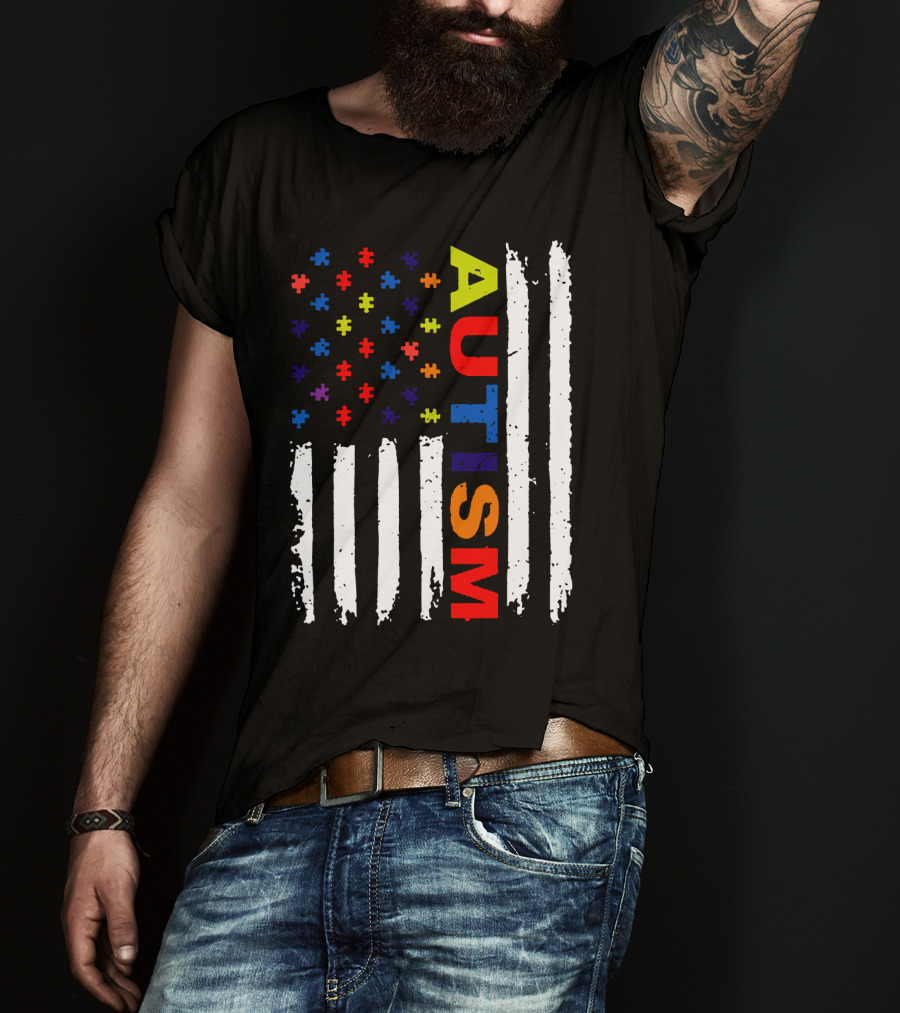 Autism Awareness Flag Design With Colorful Puzzle Pieces And Vertical Stripes T-Shirt