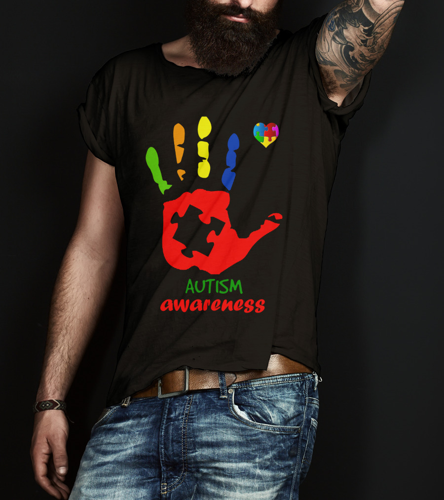 Autism Awareness Colorful Handprint With Puzzle Heart T-Shirt