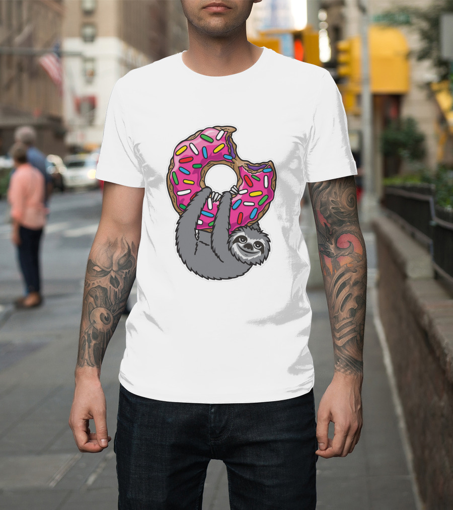 Sloths Sloth Hanging on Donut with Pink Frosting and Colorful Sprinkles T-Shirt