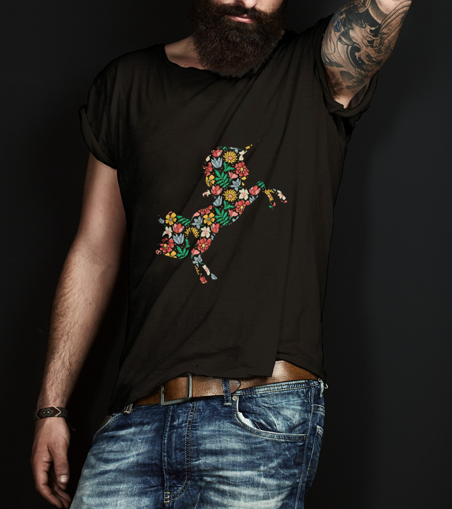 Unicorn Flower Silhouette With Vibrant Floral T-Shirt