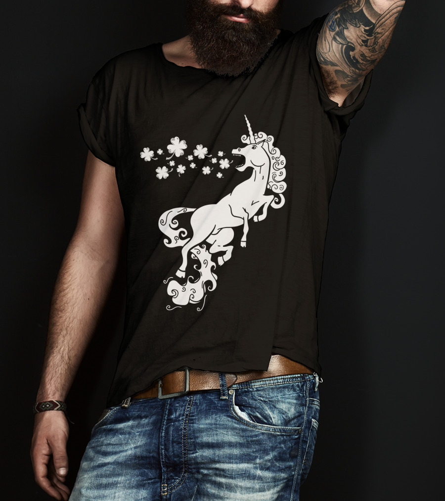 Unicorn Blowing Shamrock Flowers Mystical T-Shirt