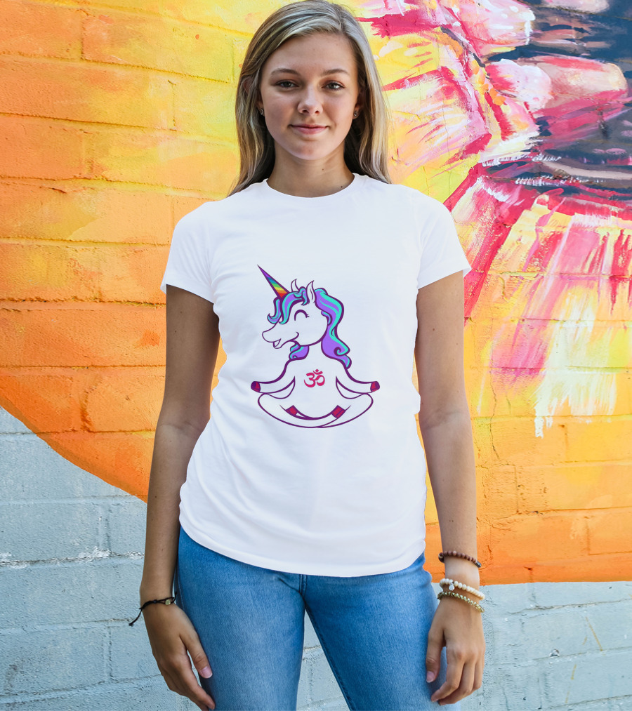 Colorful Yoga Unicorn With Om Symbol In Peaceful Pose T-Shirt