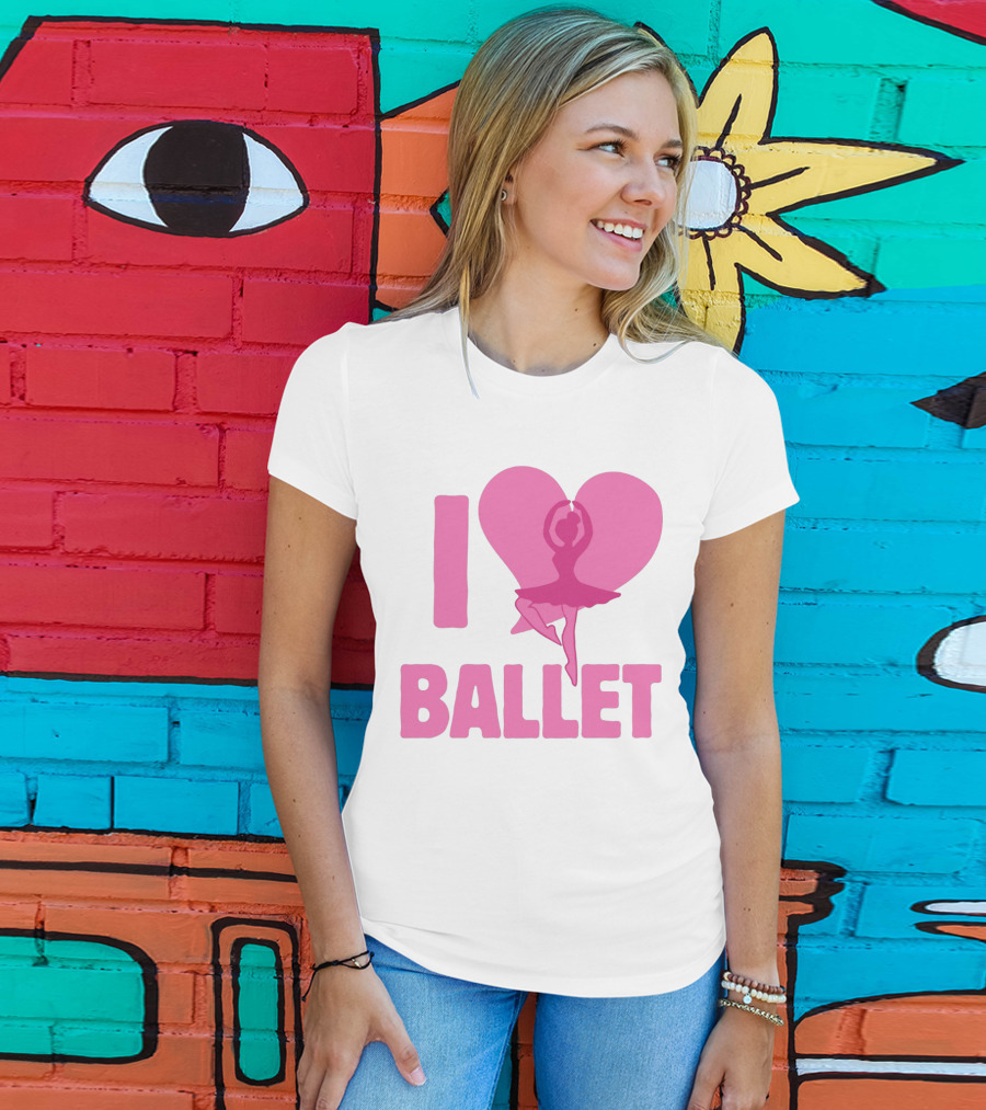 I Heart Ballet Pink Ballerina Silhouette In Love Heart T-Shirt