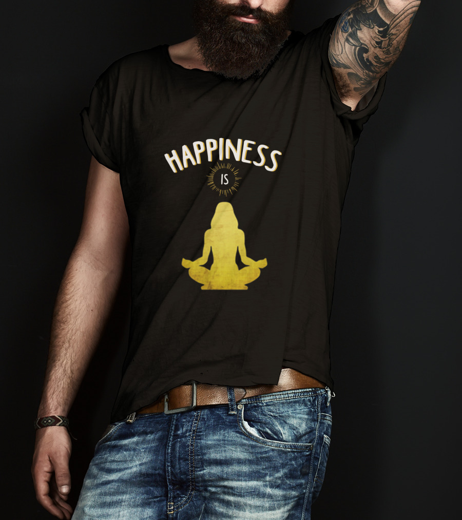 Happiness Is Yoga Meditation Silhouette In Yellow With Sunburst T-Shirt