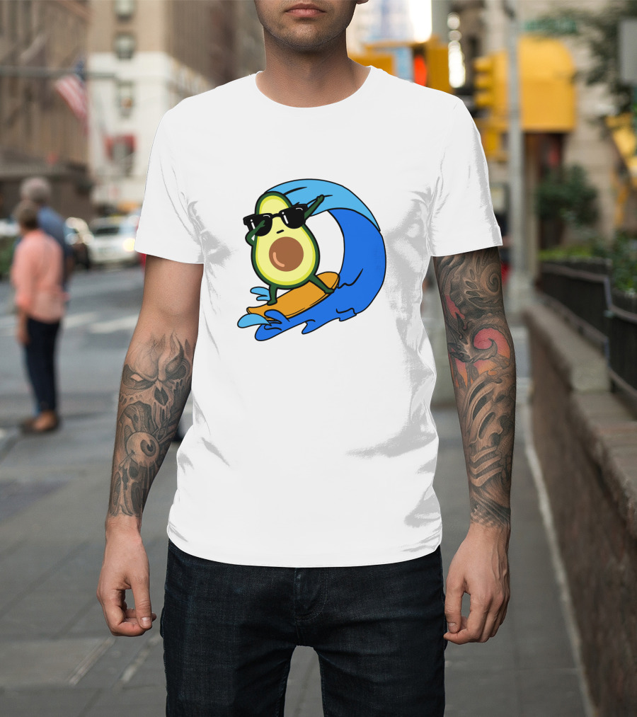 Avocado Wearing Sunglasses Riding Blue Ocean Wave T-Shirt
