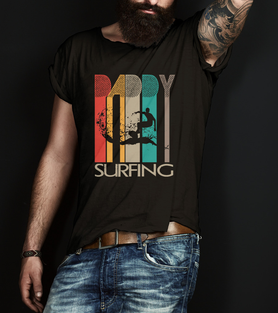 Vintage Daddy Surfing Silhouette With Retro Color Stripes T-Shirt