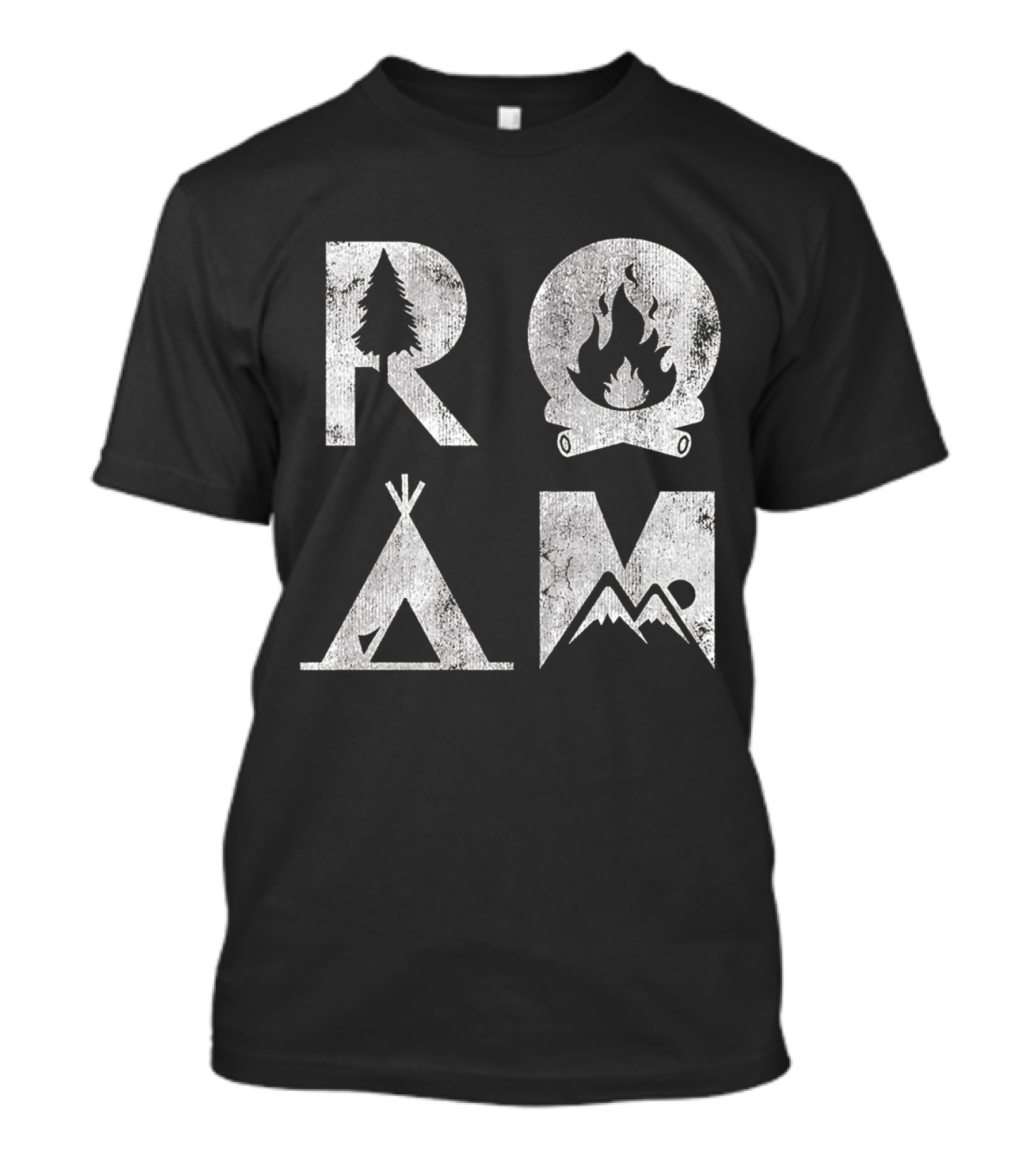 Roam Text Stack With Tree Campfire Tent Mountain Iconography Explore Nature Camping T-Shirt