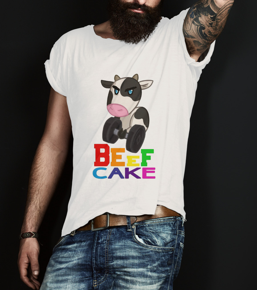 Beefcake Cow Lifting Dumbbells Cartoon T-Shirt