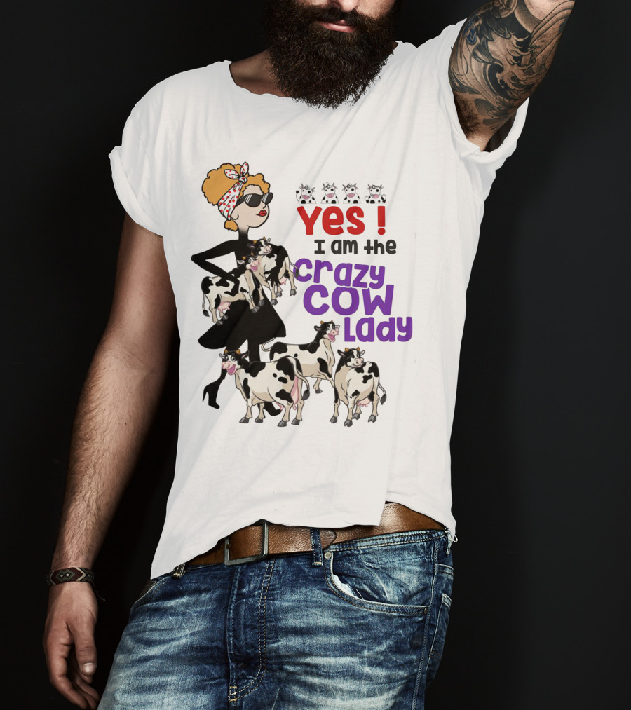 Yes I Am The Crazy Cow Lady With Cartoon Cows And Stylish Woman In Red Bandana And Sunglasses T-Shirt