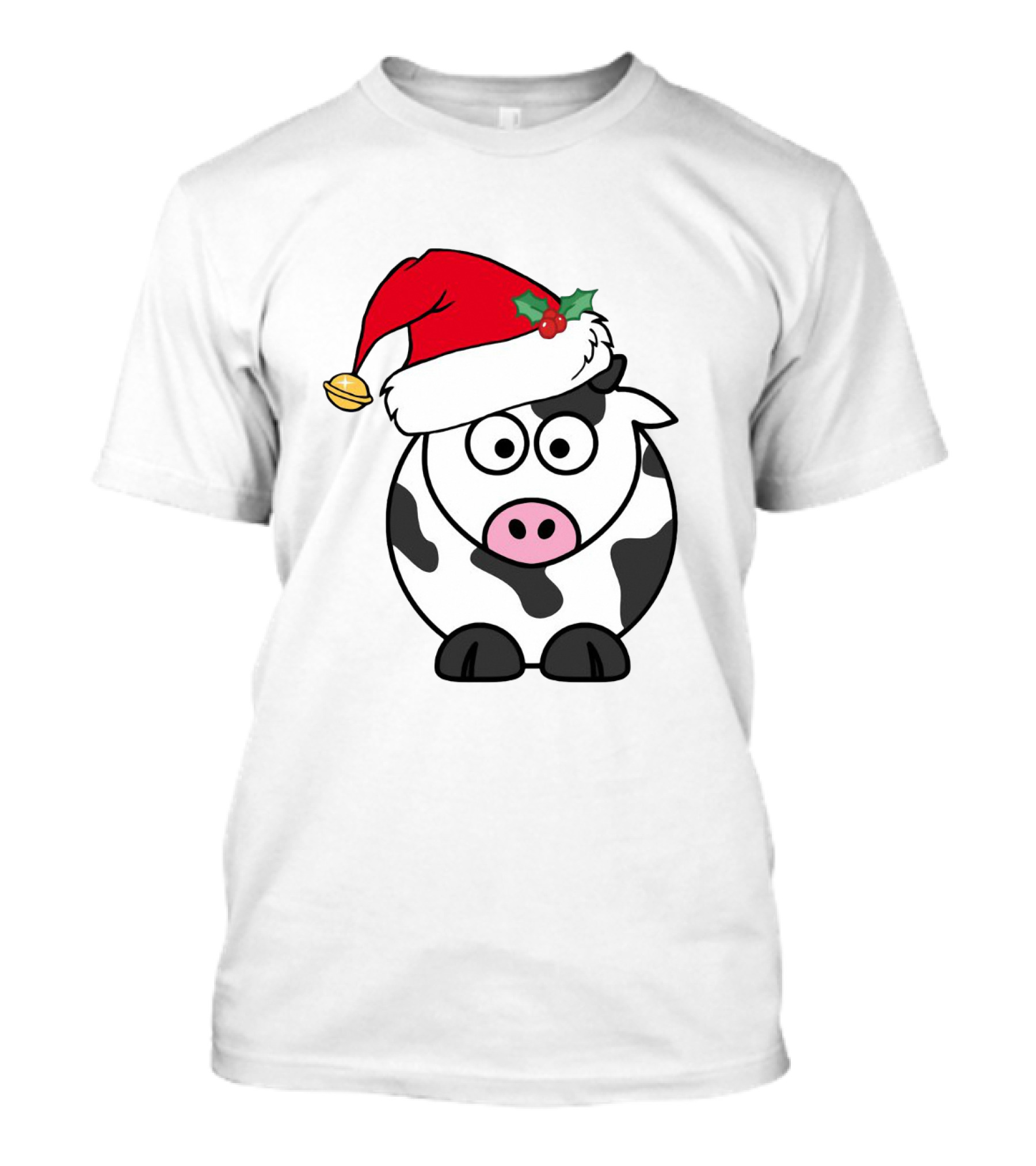 Cartoon Cow With Santa Hat And Holly Christmas Charm T-Shirt