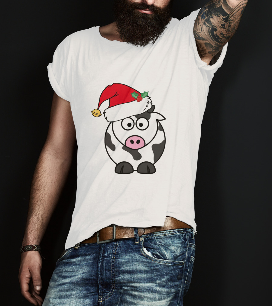 Cartoon Cow With Santa Hat And Holly Christmas Charm T-Shirt
