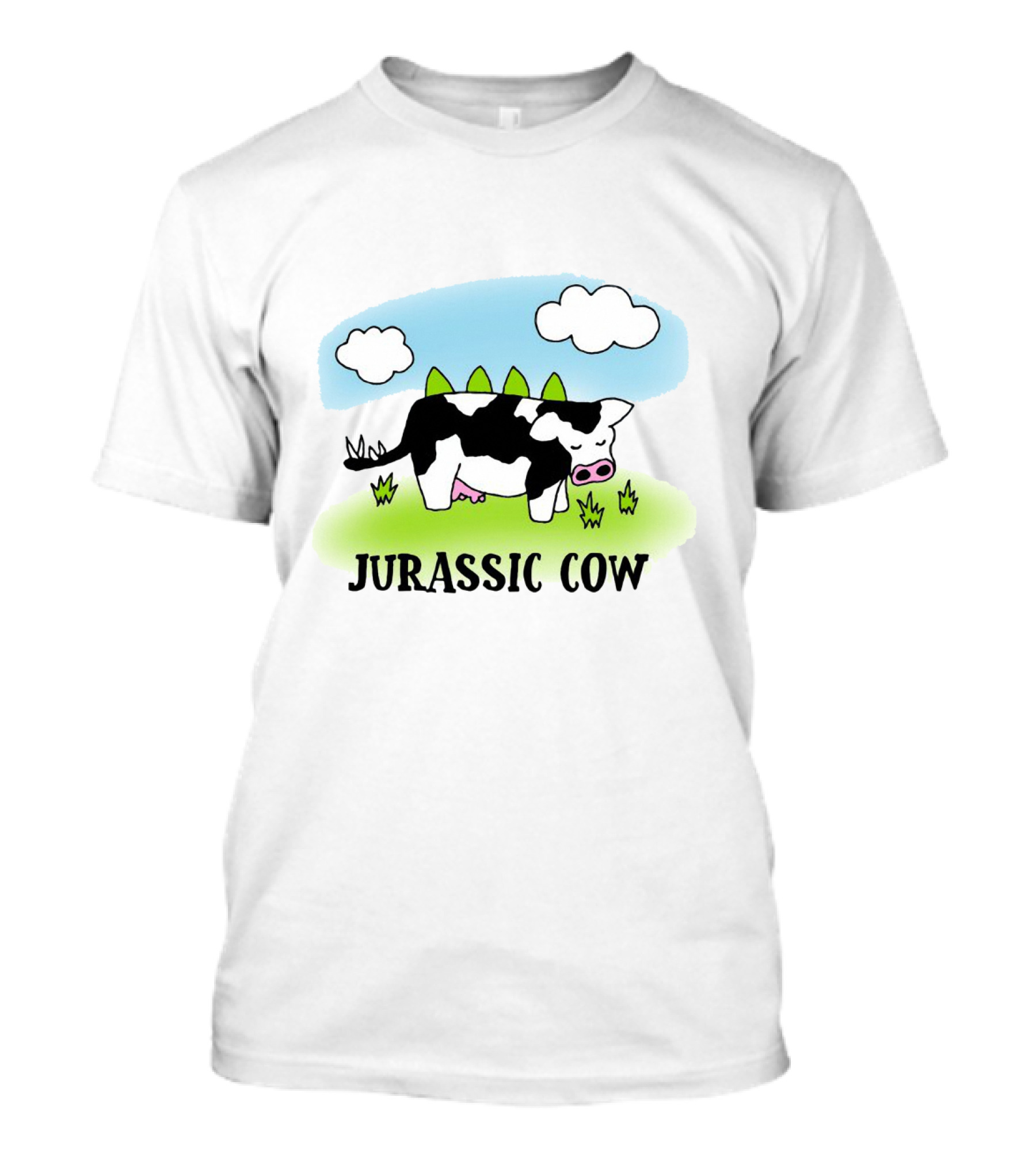 Jurassic Cow Grazing With Dinosaur Spikes Under Blue Sky And Clouds In Cartoon T-Shirt