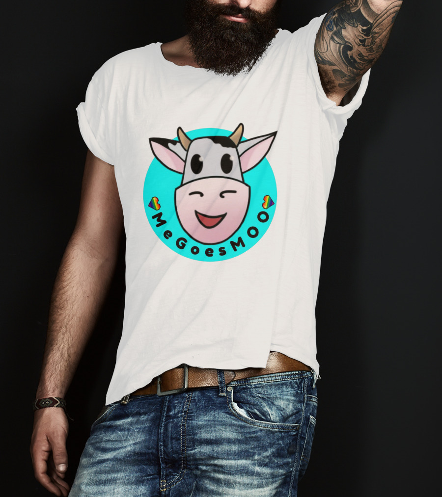 MeGoesMOO Cute Cow Face With Rainbow Hearts T-Shirt