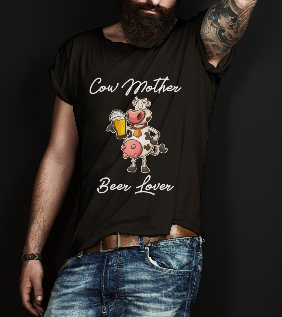 Cow Mother Holding Beer Glass Cartoon Art With Heart T-Shirt