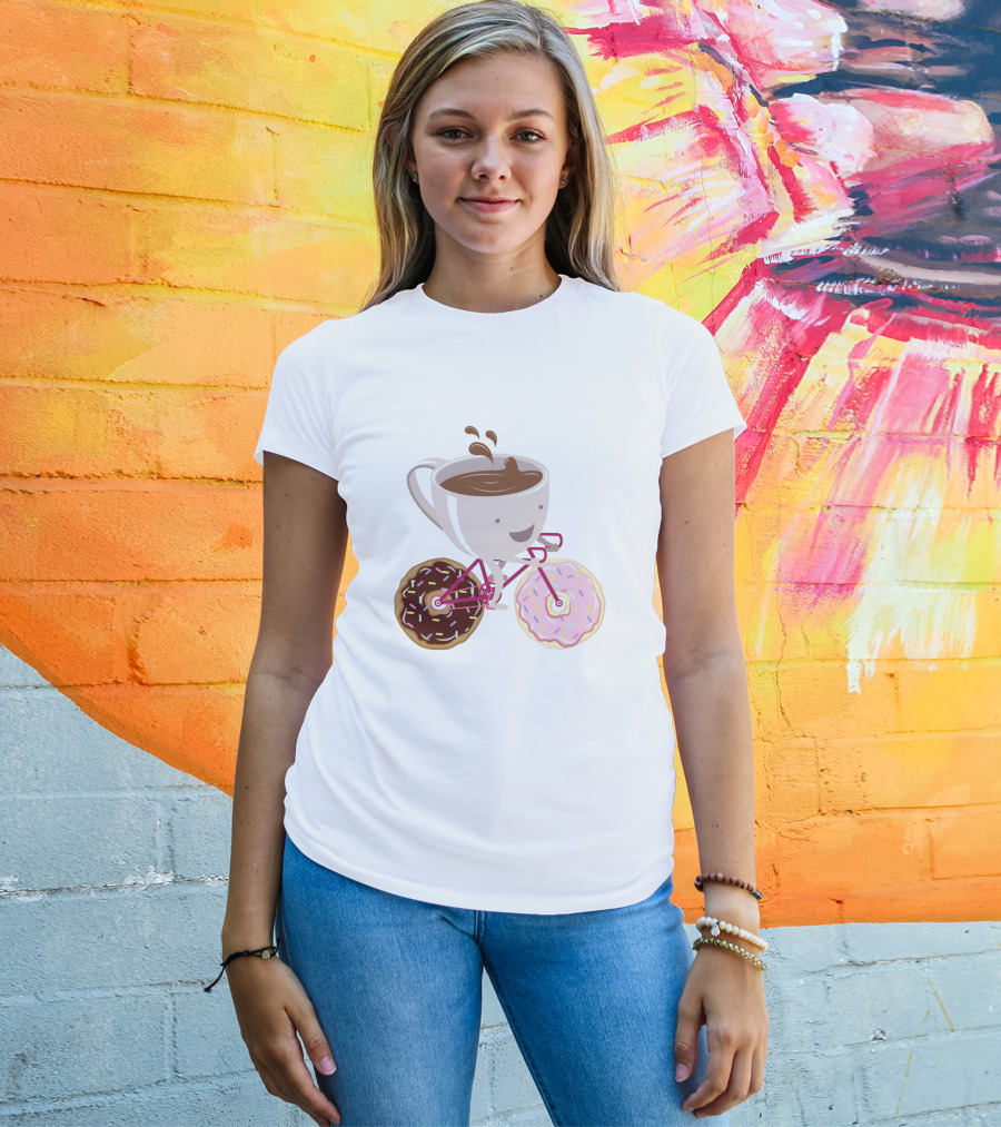 Happy Coffee Cup Riding Donut Bicycle Fun T-Shirt